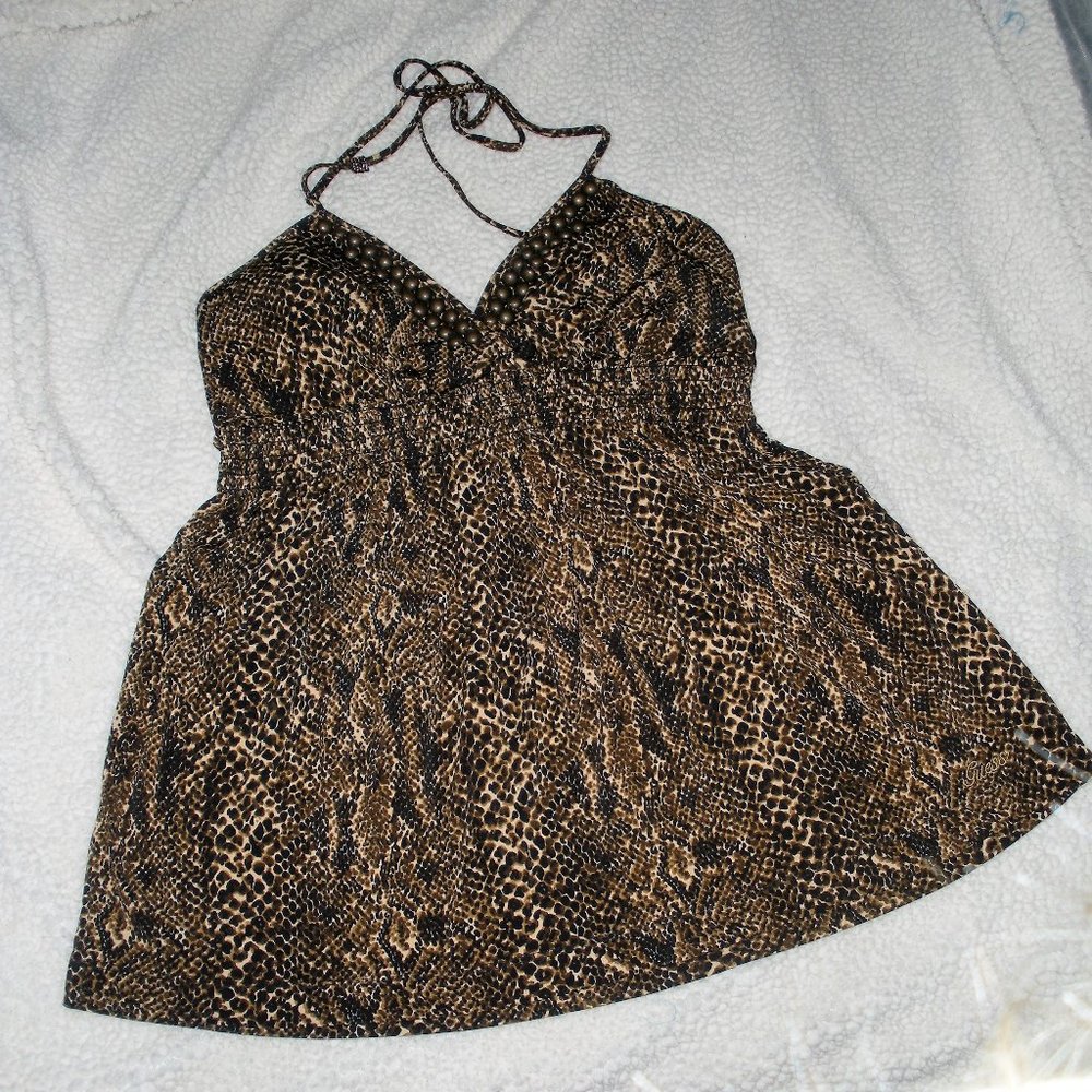 Guess like new Organic African print backless top with hand beaded accents.